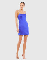 Blue Rhinestone Strap Satin Mini Dress